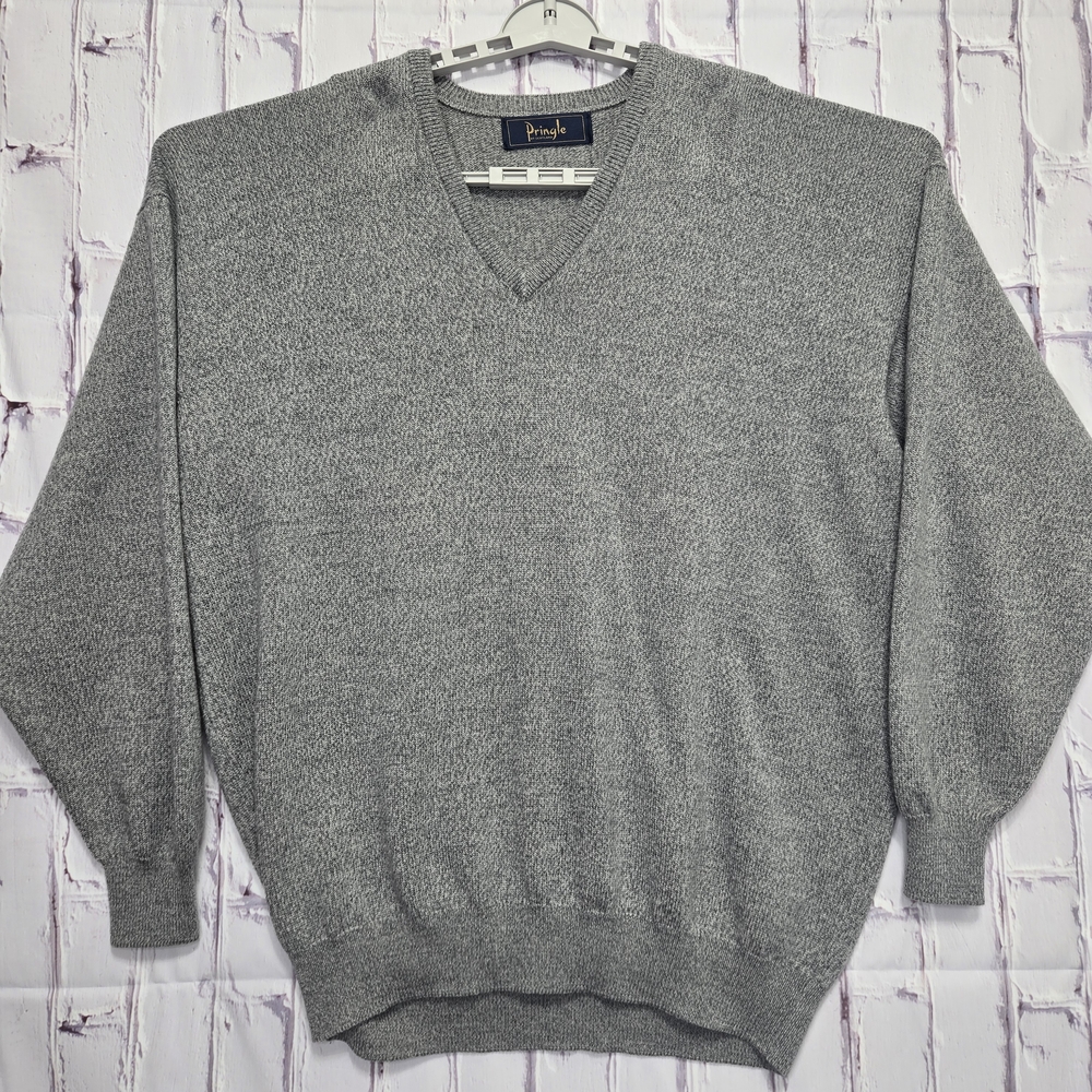 Vintage 1980's Pringle Of Scotland V-neck Sweater 100% Lambswool Gray‎ Sz XL